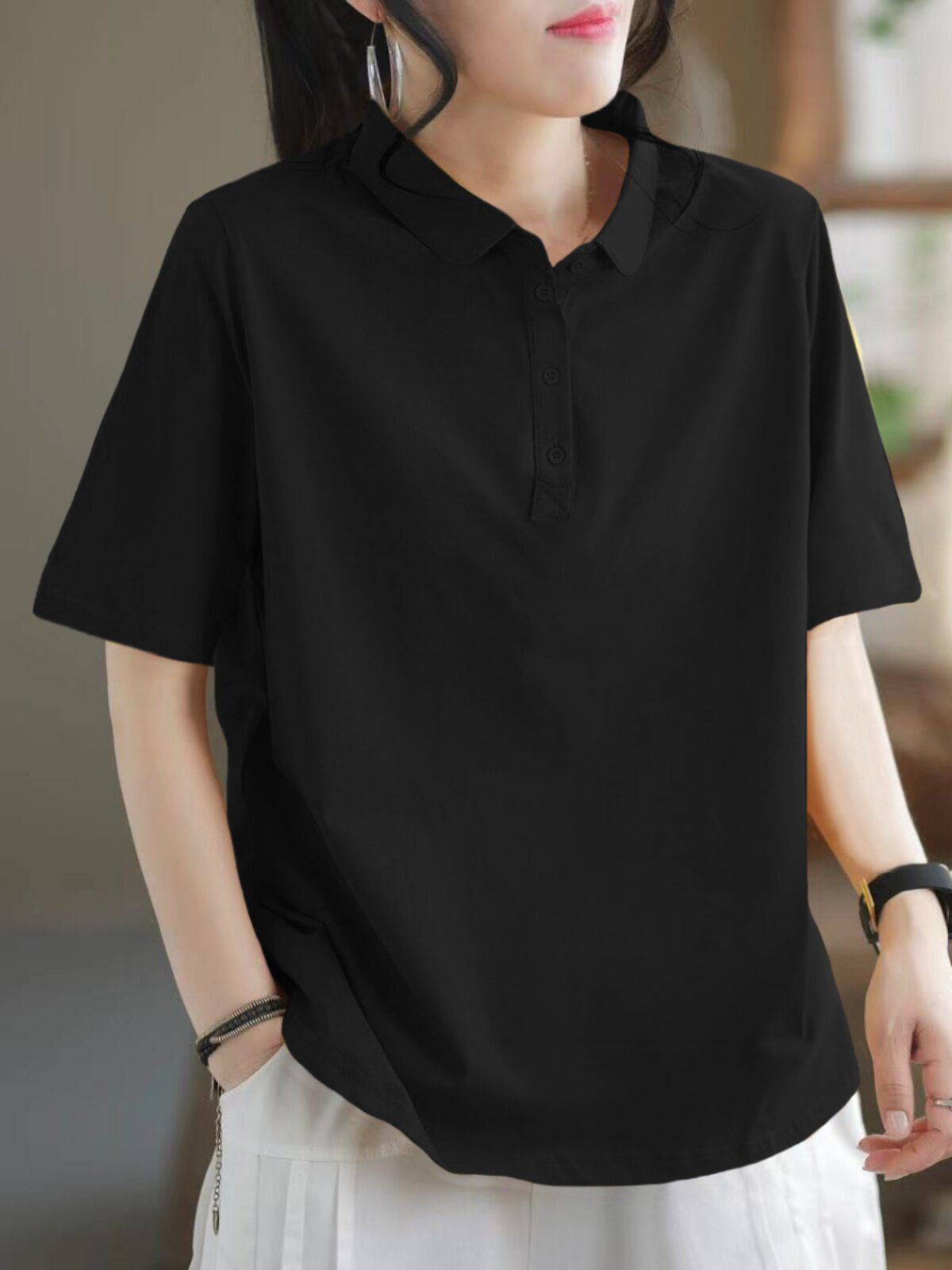 COTTON SUMMER NEW COTTON SHORT-SLEEVED POLO NECK T-SHIRT LITERARY RETRO CASUAL VERSATILE PRINTED T-SHIRT TOP