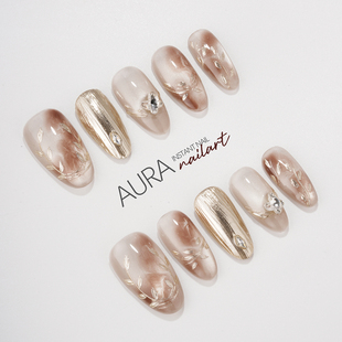 秋冬显白鎏金琥珀色 纯手工穿戴甲2025中长款 AuraNail 三生琥珀