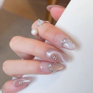 高级感碎钻清透细闪猫眼 纯手工穿戴甲中长款 AuraNail 白桃初酿