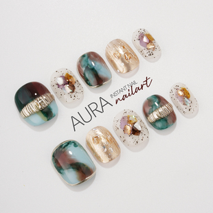 高级感祖母绿石纹晕染 纯手工穿戴甲2025中长款 AuraNail 米兰周