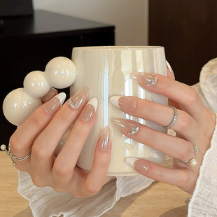 法式 纯手工穿戴甲高级中长款 温柔风裸色碎钻 月漾白纱 AuraNail