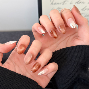 AuraNail 纯手工穿戴甲2025秋冬高级琥珀色魔镜粉猫眼 金秋琥珀