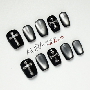 AuraNail【鎏光戒律】纯手工穿戴甲2026短款猫眼哥特暗黑气质美甲