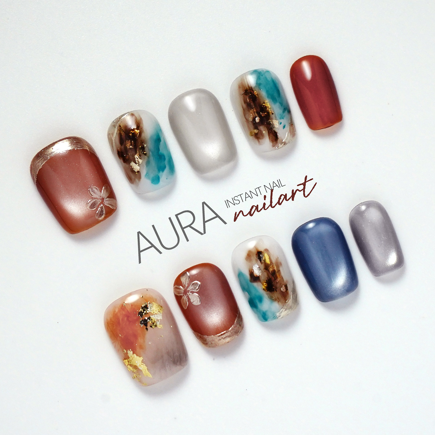 AuraNail【日月星辉】纯手工穿戴甲2026短款高级感蓝棕撞色猫眼,彩妆/香水/美妆工具,穿戴甲/甲片,淘宝优惠券,粉丝福利购,淘宝优惠卷