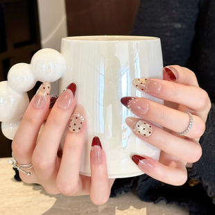 法式 纯手工穿戴甲2025中长款 高级红色波点猫眼 红天鹅 AuraNail