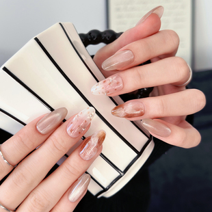 秋冬高级感琥珀晕染 纯手工穿戴甲2025中长款 AuraNail 桂花拿铁