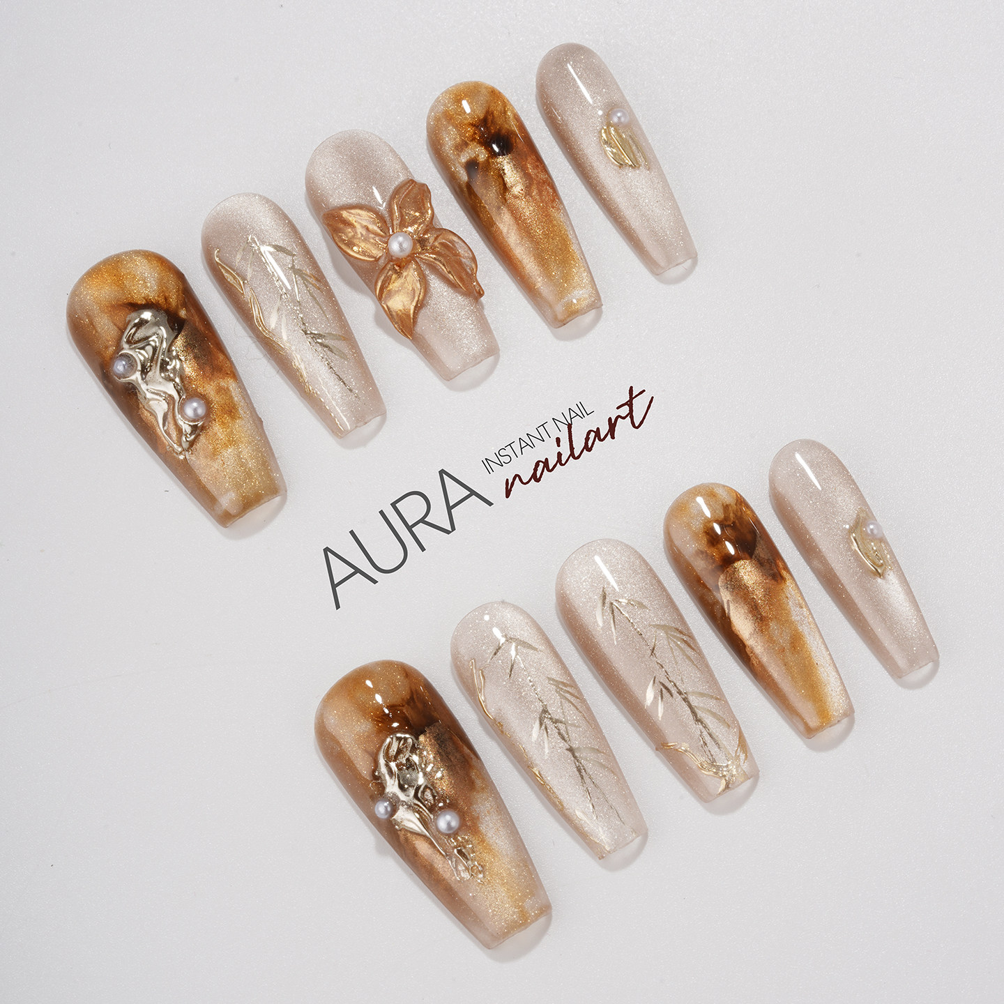 AuraNail【虚无之花】纯手工穿戴甲2026长款秋冬高级感琥珀立体花