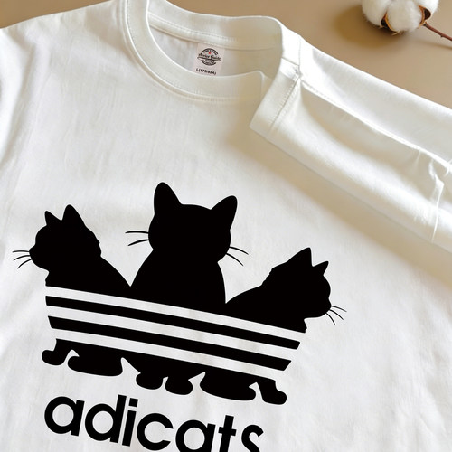 adicats小猫剪影印花纯棉T恤