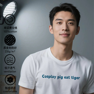 扮猪吃虎 英文字母印花短袖t恤纯棉男女体恤趣味搞笑国潮半袖衣服