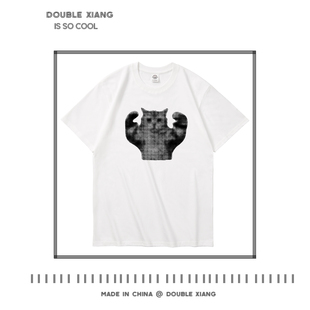 趣味搞笑风小猫秀肌肉印花短袖t恤 抽象衣服学生体恤运动健身体恤