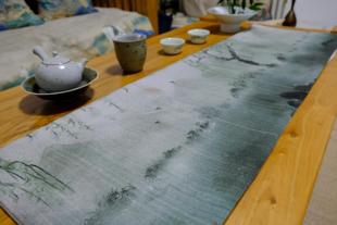 细语灯前原创【喜雨】印花棉麻茶席 桌旗桌垫 中国风复古茶室茶桌