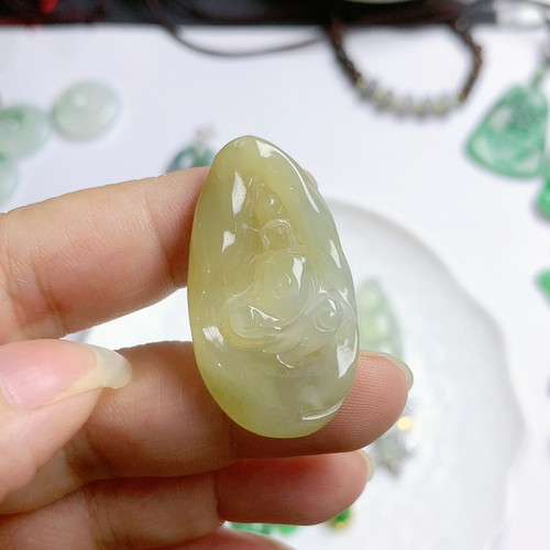 天然翡翠黄翡冰胶黄翡无相观音挂件吊坠