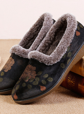 冬季新款老北京布鞋加绒保暖女棉鞋平底中老年妈妈防滑居家棉拖鞋