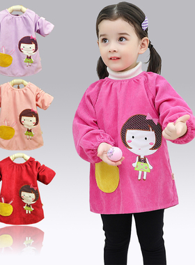 儿童春秋冬款大码条绒罩衣女宝宝长袖吃饭反穿衣防水防脏外套罩衣