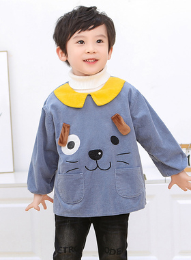 秋冬防脏外穿男童新款粗条绒防水宝宝反穿衣灯芯绒长袖吃饭衣罩衣