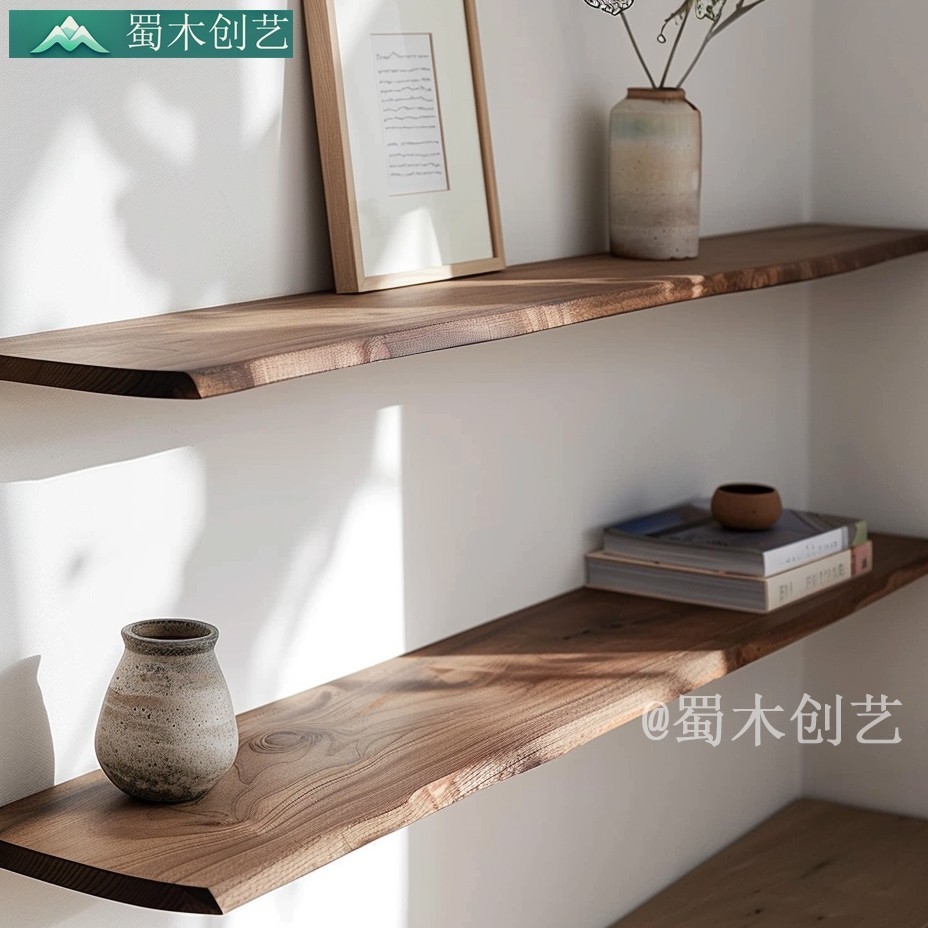 全实木一字隔板置物架层板挂墙收纳书架中古风原木黑胡桃木色工厂