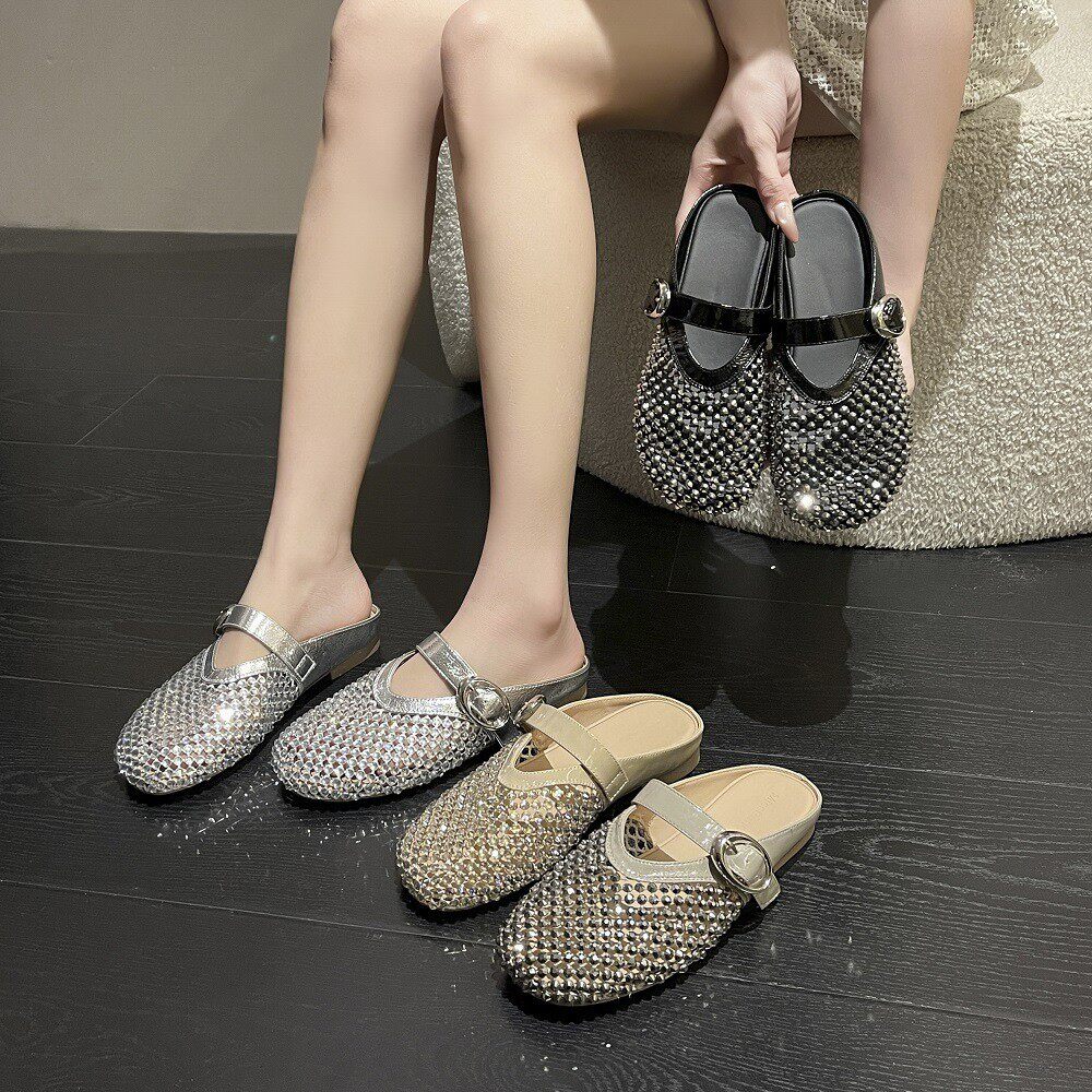 网红渔网包头半拖女2026年夏季新款温柔配裙子外穿一字带凉鞋单鞋