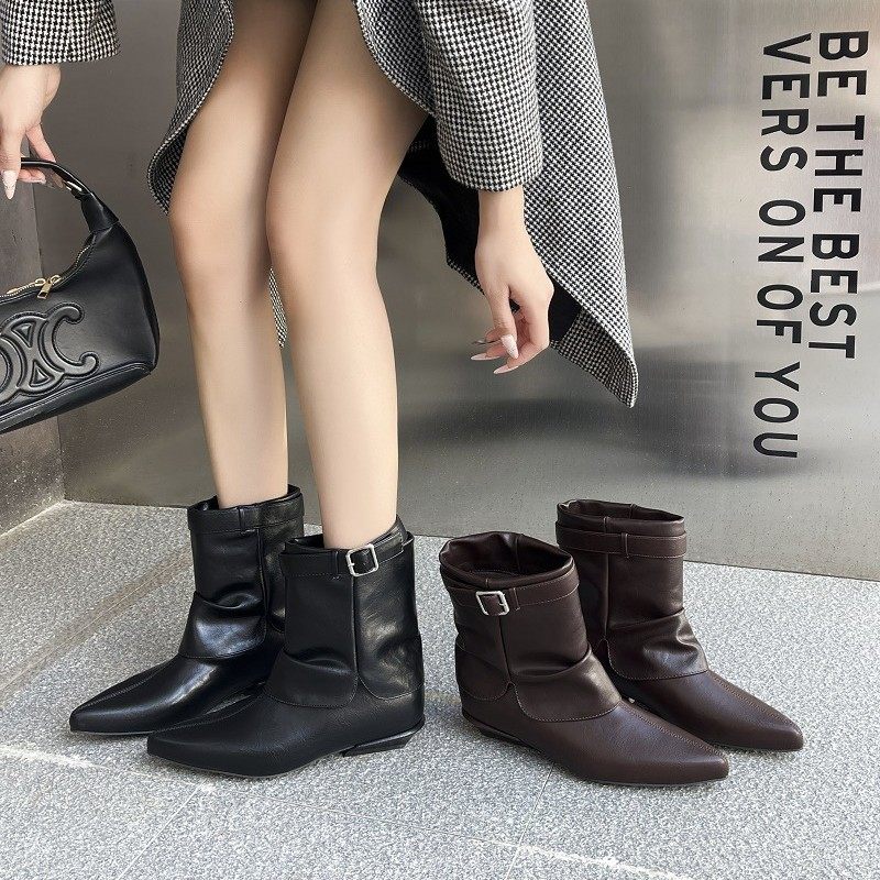 滨莉韩版复古尖头褶皱堆堆靴子25年新款法式小坡跟及踝女靴马丁靴
