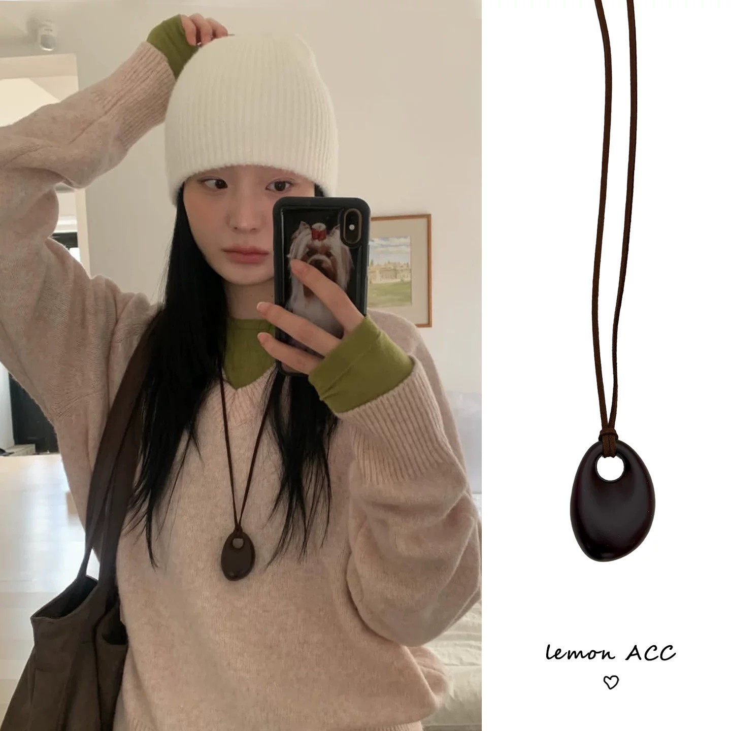 皮绳椭圆吊坠项链长款毛衣链女款