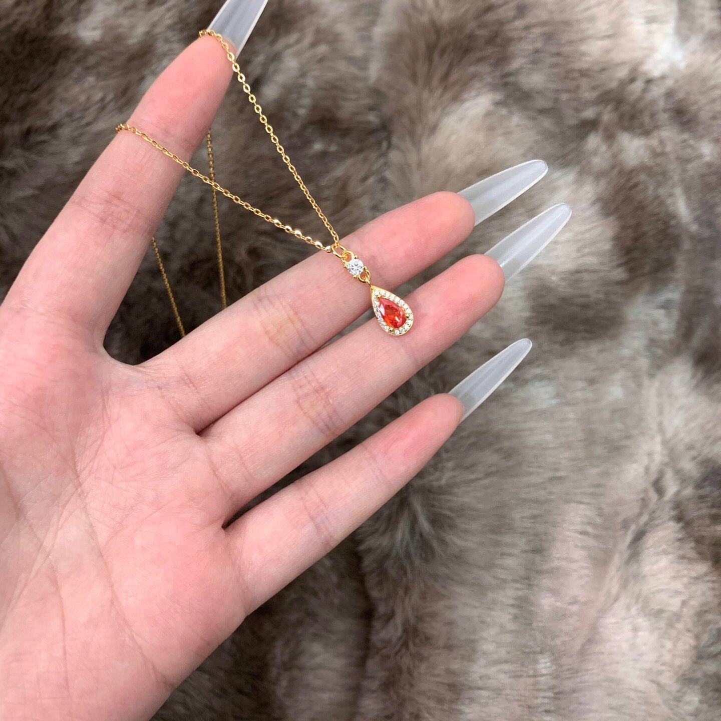 复古爆闪橘红色水滴吊坠项链女款