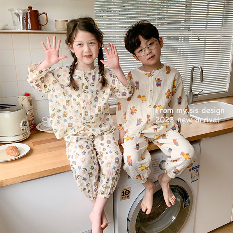 儿童纯棉纱布睡衣夏季女童家居服套装男童女宝宝九分袖空调服春秋