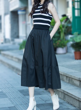 法式2025秋季新款文艺休闲a字黑色半身裙子女装长裙伞裙长裙棉裙