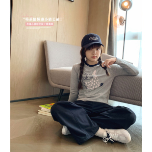 长袖 女大童卡通猫咪修身 初中生百搭小短款 新款 棉T上衣 T恤2025秋装