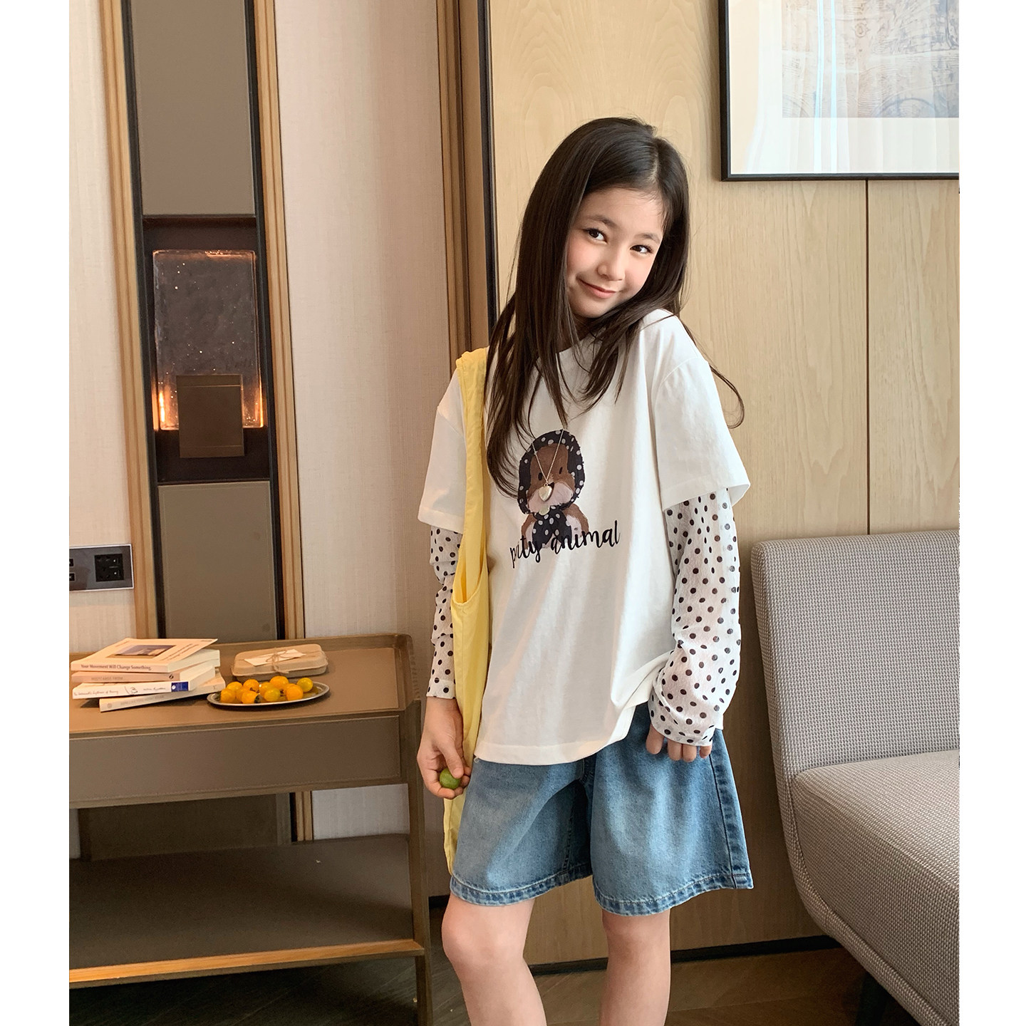 女大童防晒袖T恤2026夏季新款青少年假两件波点短袖初中生韩版潮T