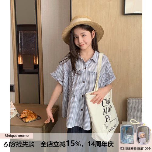 复古格子短袖衬衫娃娃衫气质简约