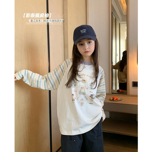 宽松T恤2026春装 上衣学生长袖 新款 插肩袖 青少年韩版 女大童条纹袖