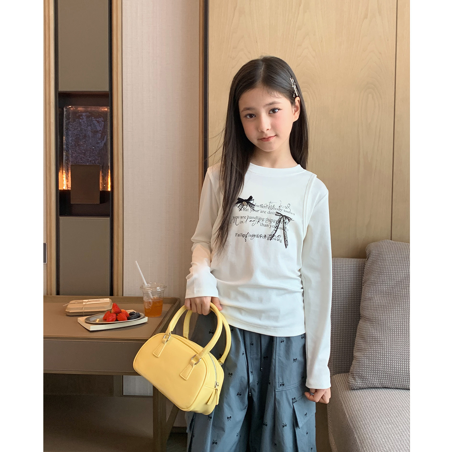 女大童假两件短款小衫2026春装新款初中生甜酷修身T恤长袖打底衫