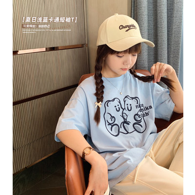 韩版时尚奶蓝色卡通短袖T恤