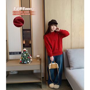少女学生甜系蝴蝶结氛围针织衫 女大童新年红加绒毛衣2025冬季 新款