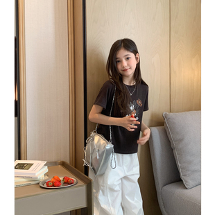 女大童卡通修身T恤2026夏季新款青少年高弹显瘦短款上衣亲子短袖