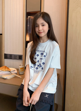 女大童韩版卡通短袖2026夏季新款青少年浅蓝休闲宽松上衣学生T恤