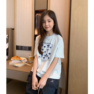 女大童韩版卡通短袖2026夏季新款青少年浅蓝休闲宽松上衣学生T恤