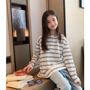 青少年半开扣宽松T恤亲子薄罩衫 新款 2026春装 女大童慵懒条纹长袖