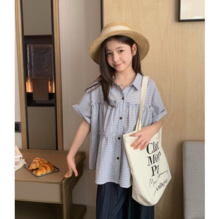 女大童格子短袖衬衫2026夏季新款青少年日系翻领衬衣学生宽松上衣