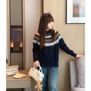 圆领针织衫 青少年氛围温暖线衫 新款 女大童藏青费尔岛毛衣2025冬季