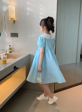 女童娃娃领连衣裙2022夏装新款大童韩版泡泡袖长裙儿童格子公主裙