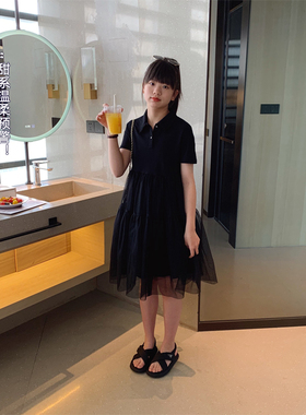 女大童韩版POLO领纱裙夏装新款中大童黑色翻领公主裙儿童连衣裙
