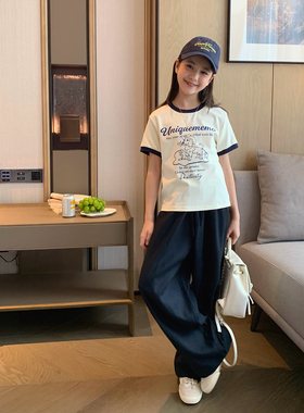 女大童撞色修身短款T恤2026夏季新款青少年酷飒卡通短袖初中生棉T