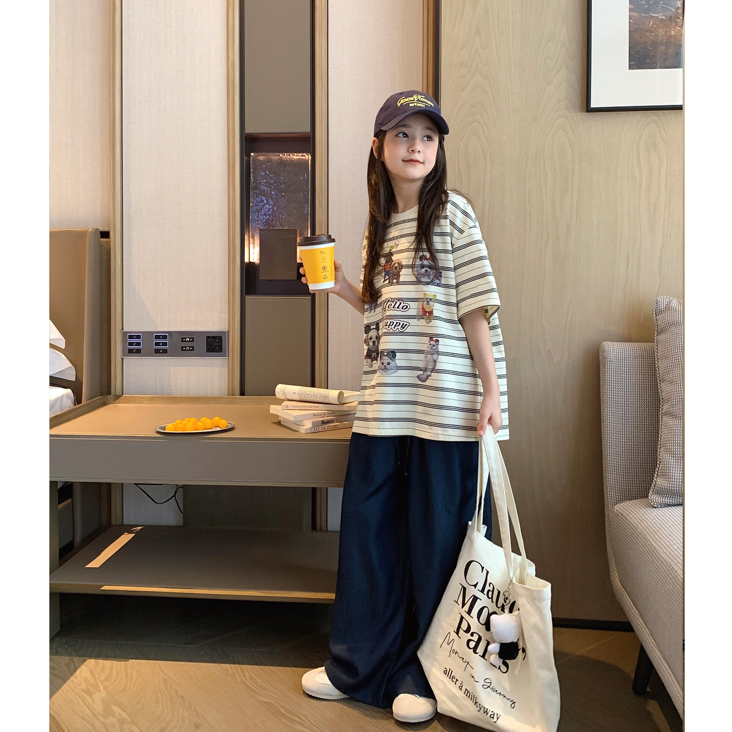 女大童大版条纹卡通潮T恤2026夏装新款青少年宽松棉T上衣学生短袖