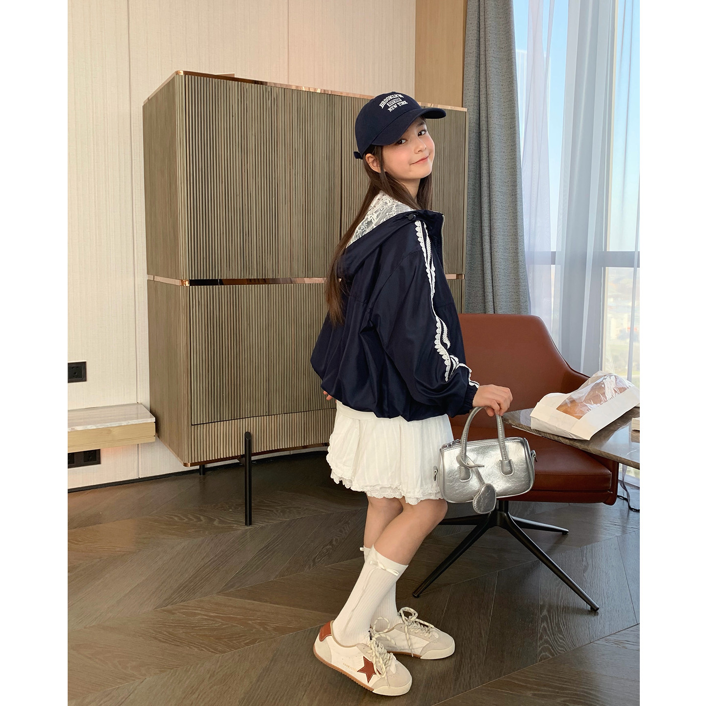 女大童藏青蕾丝连帽外套2026春装新款少女韩版短开衫学生甜美上衣,童装/婴儿装/亲子装,普通外套,淘宝优惠券,粉丝福利购,淘宝优惠卷