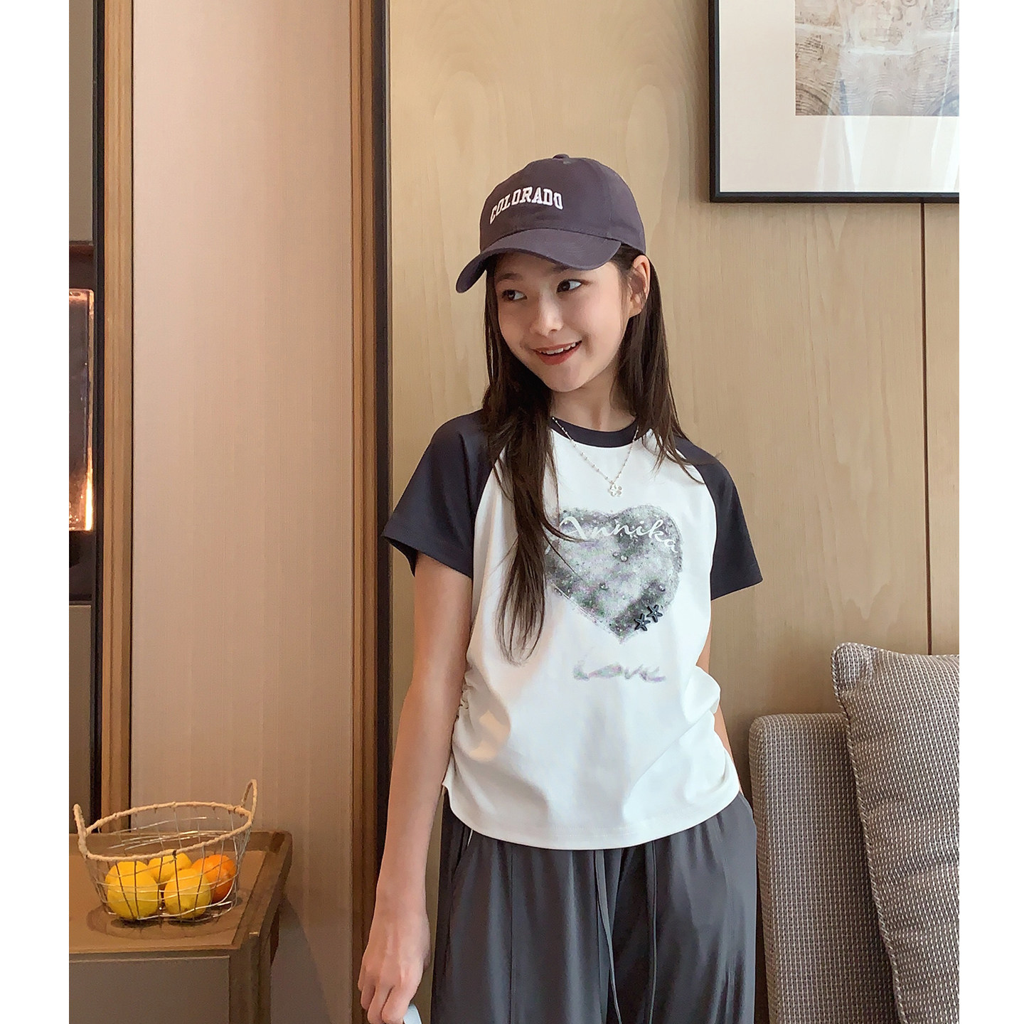 女大童短款插肩袖T恤2026夏季新款青少年韩版爱心小版短袖学生棉T
