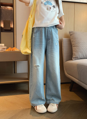 女大童浅色破洞牛仔裤2026夏季新款青少年潮酷休闲直筒裤学生长裤