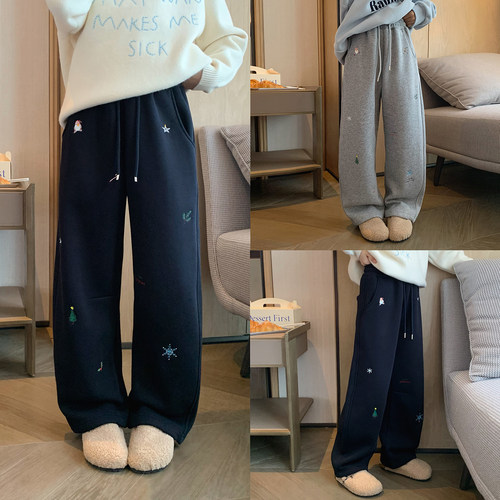 时尚保暖圣诞刺绣加绒弯刀裤