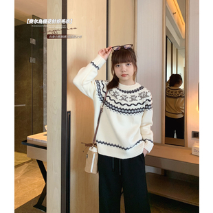 少女复古线衫 初中生保暖针织衫 新款 女大童圆领费尔岛毛衣2025冬装