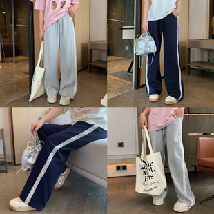 2025春装 亲子垂感长裤 新款 阔腿裤 青少年韩版 女大童蕾丝侧条直筒裤