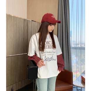 初中生休闲格子拼袖 新款 T恤宽松潮T 上衣2025春装 女大童假两件长袖